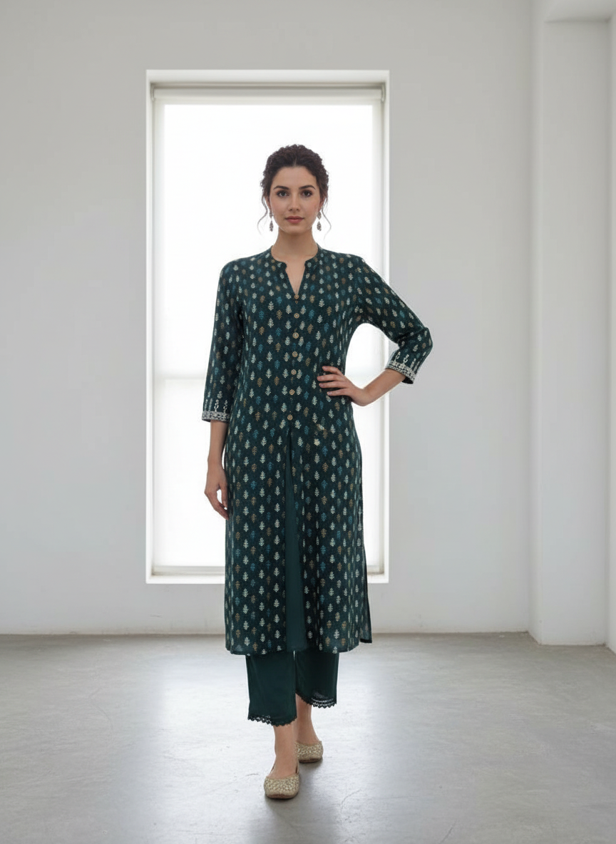 BulBul Lily Green Printed Rayon Kurta Set