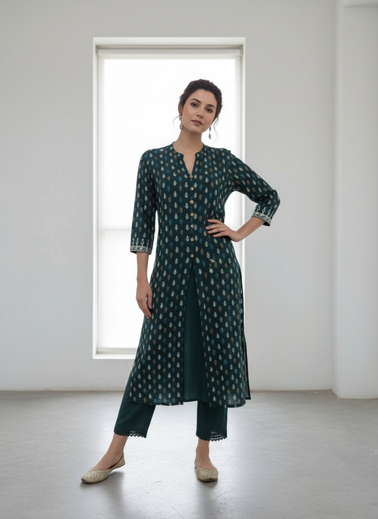 BulBul Lily Green Printed Rayon Kurta Set