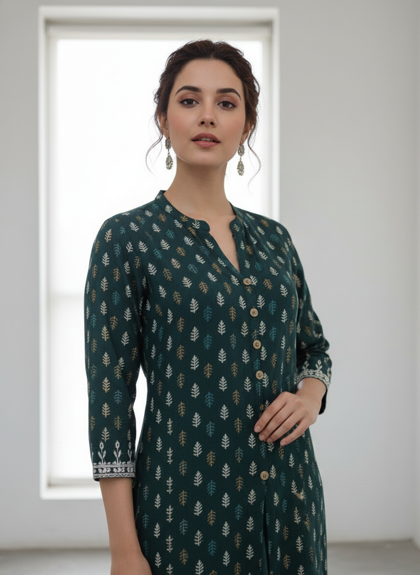 BulBul Lily Green Printed Rayon Kurta Set