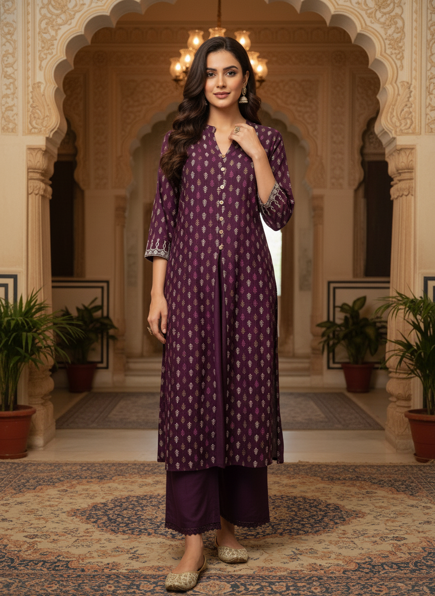 BulBul Lily Wine Printed Rayon Kurta Set