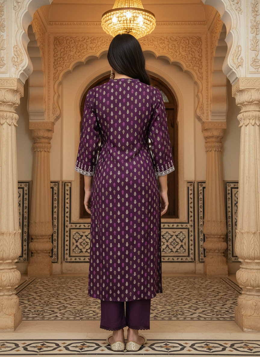 BulBul Lily Wine Printed Rayon Kurta Set