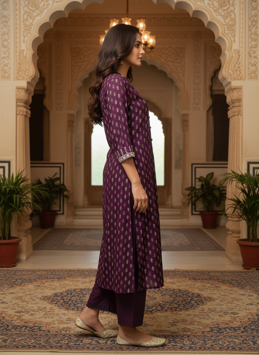 BulBul Lily Wine Printed Rayon Kurta Set