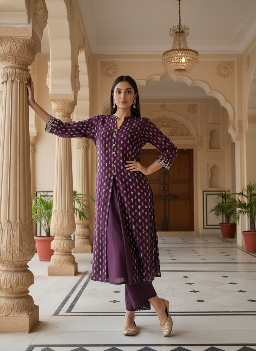 BulBul Lily Wine Printed Rayon Kurta Set