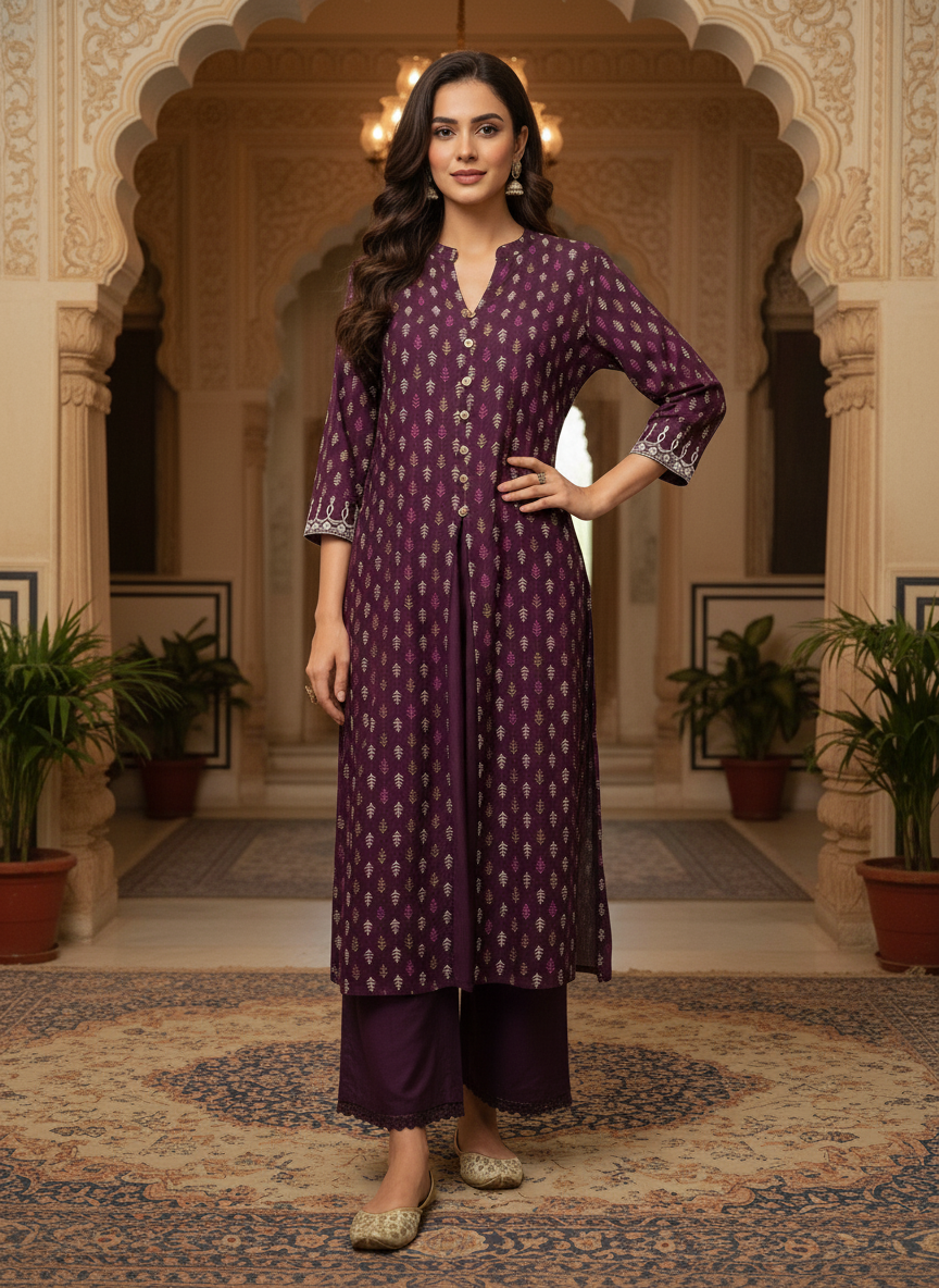 BulBul Lily Wine Printed Rayon Kurta Set