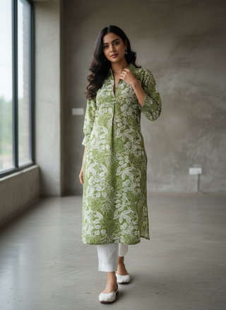 Lily Olive Green Viscose Kurta Set with Botanical Floral Print and Shirt Collar Neck