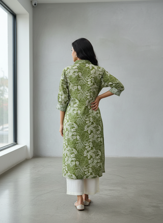 Lily Olive Green Viscose Kurta Set with Botanical Floral Print and Shirt Collar Neck