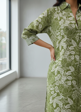 Lily Olive Green Viscose Kurta Set with Botanical Floral Print and Shirt Collar Neck