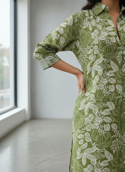 Lily Olive Green Viscose Kurta Set with Botanical Floral Print and Shirt Collar Neck