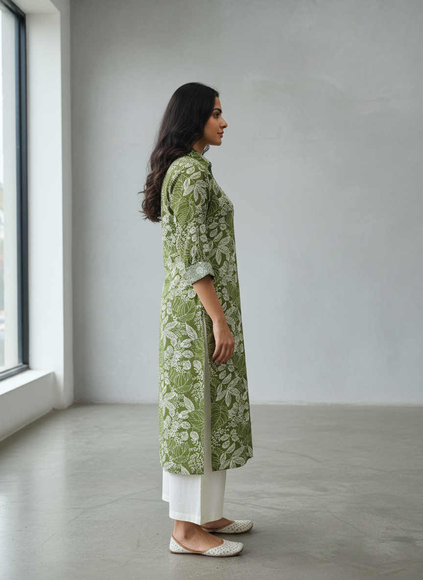 Lily Olive Green Viscose Kurta Set with Botanical Floral Print and Shirt Collar Neck