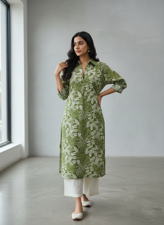 Lily Olive Green Viscose Kurta Set with Botanical Floral Print and Shirt Collar Neck