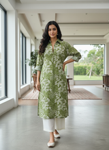 Lily Olive Green Viscose Kurta Set with Botanical Floral Print and Shirt Collar Neck