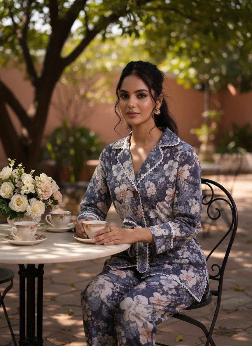 Blue Floral Eyelet Cotton Schiffli Wrap Co-Ord Set with Lace Detailing