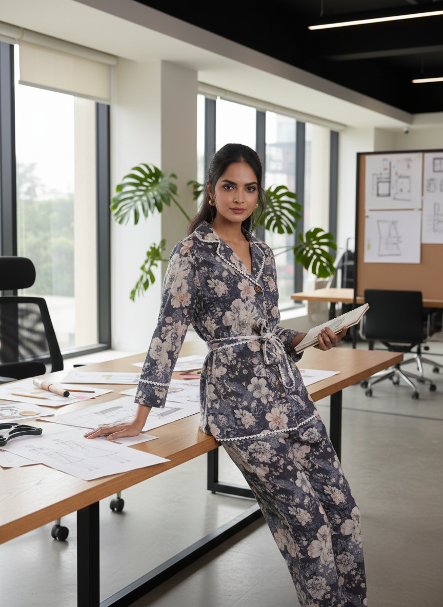 Blue Floral Eyelet Cotton Schiffli Wrap Co-Ord Set with Lace Detailing