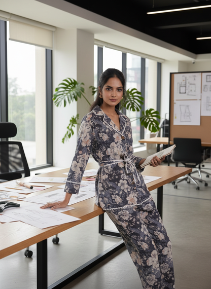 Blue Floral Eyelet Cotton Schiffli Wrap Co-Ord Set with Lace Detailing