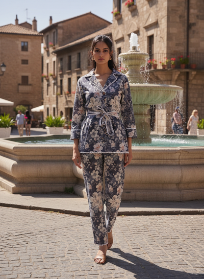 Blue Floral Eyelet Cotton Schiffli Wrap Co-Ord Set with Lace Detailing