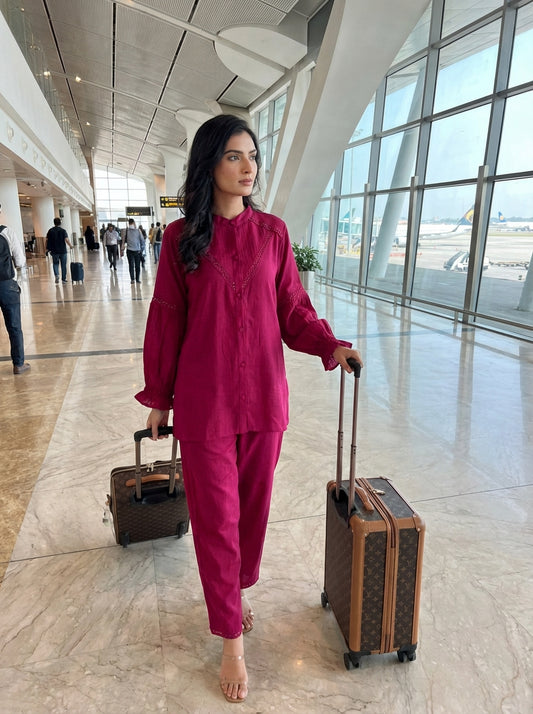 Mahi Red Viscose Jacquard Co-Ord Set with Hand Sequin & Thread Work Detailing