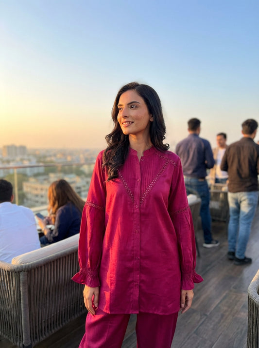 Mahi Red Viscose Jacquard Co-Ord Set with Hand Sequin & Thread Work Detailing