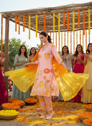 Malaika Pink Floral Printed Kurta Set with Handcrafted Sequin & Glass Bugle Floral Neck Embellishment in Satin Silk with Cotton Mul Lining and Dupatta