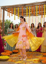 Malaika Pink Floral Printed Kurta Set with Handcrafted Sequin & Glass Bugle Floral Neck Embellishment in Satin Silk with Cotton Mul Lining and Dupatta