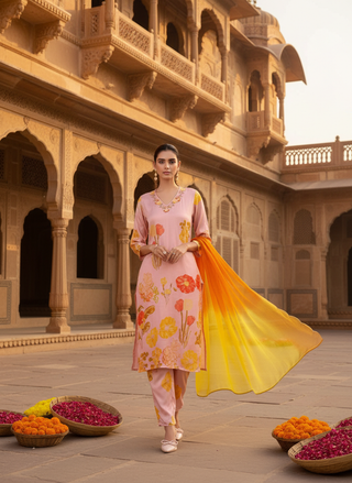 Malaika Pink Floral Printed Kurta Set with Handcrafted Sequin & Glass Bugle Floral Neck Embellishment in Satin Silk with Cotton Mul Lining and Dupatta