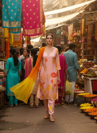 Malaika Pink Floral Printed Kurta Set with Handcrafted Sequin & Glass Bugle Floral Neck Embellishment in Satin Silk with Cotton Mul Lining and Dupatta