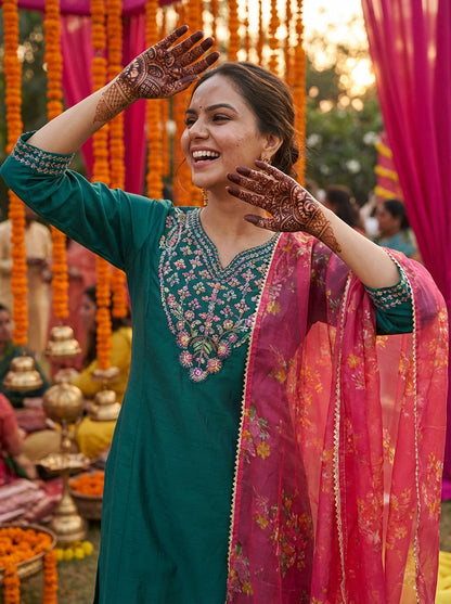 Kayra Green Multicolor Hand Embroidered Straight Fit Suit Set in Chinnon Silk with Pure Cotton Mul Lining