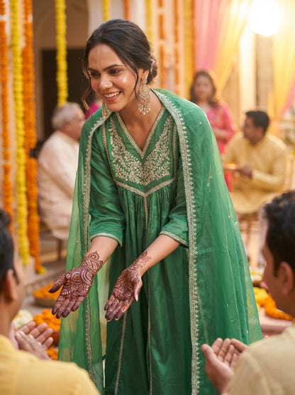 Praniti Green Silver Zari Thread Embroidered & Hand Sequin Detailed Suit Set with Dupatta in Pure Muslin with Pure Cotton Mul Lining