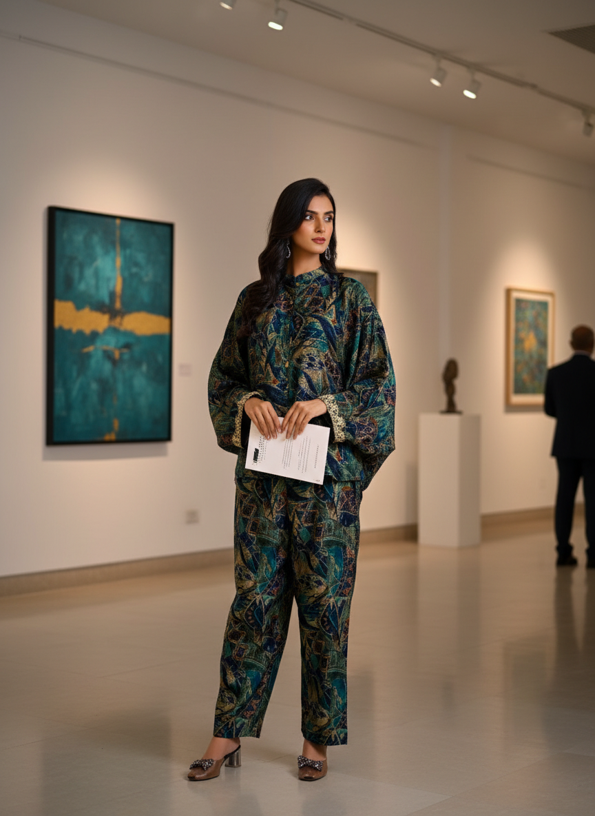 Mehzabin Teal Modal Chanderi Co-Ord Set with Zari Embroidered Sequin Cuffs and Statement Bell Sleeves