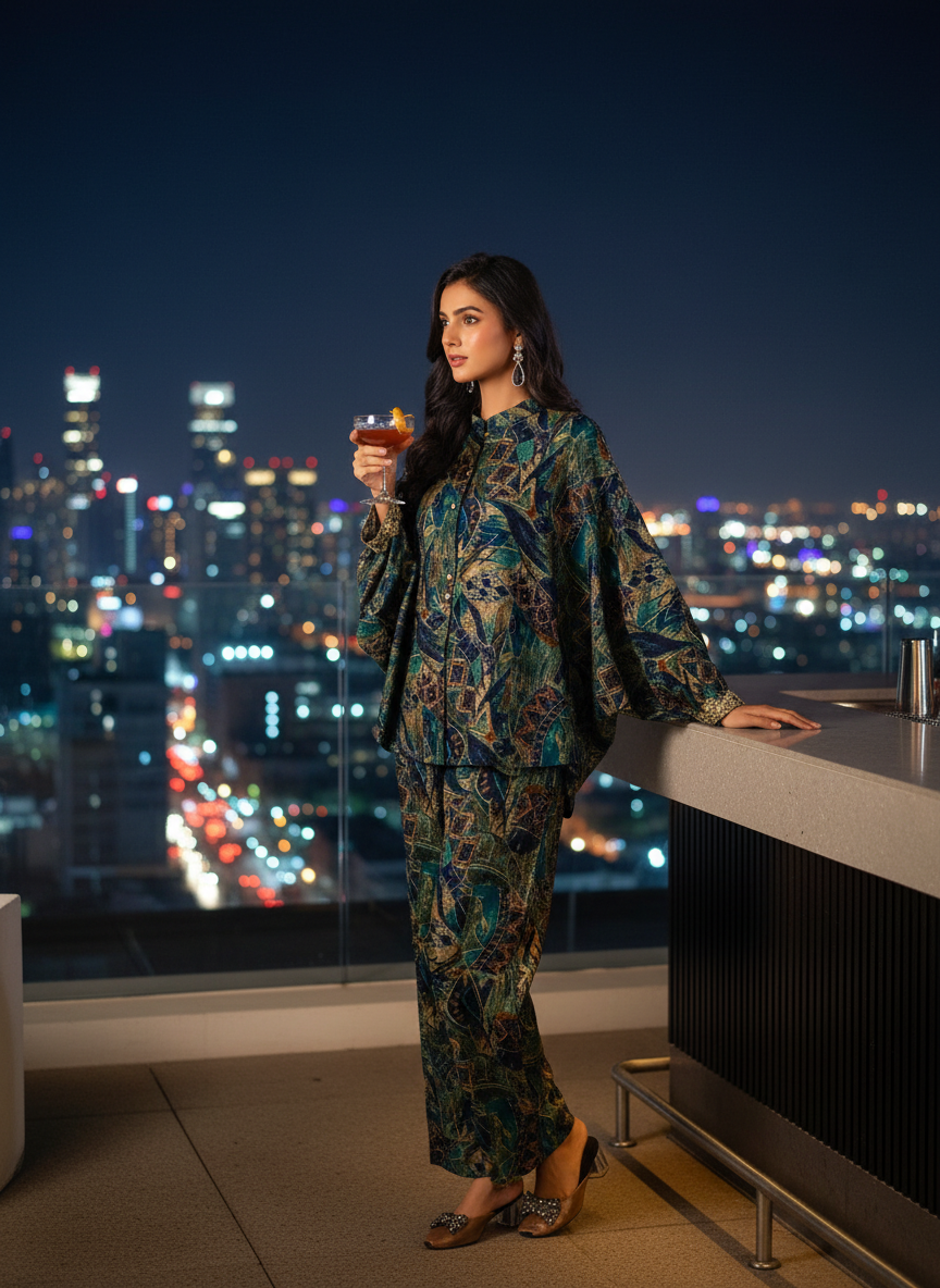 Mehzabin Teal Modal Chanderi Co-Ord Set with Zari Embroidered Sequin Cuffs and Statement Bell Sleeves