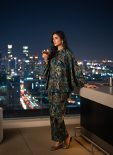 Mehzabin Teal Modal Chanderi Co-Ord Set with Zari Embroidered Sequin Cuffs and Statement Bell Sleeves
