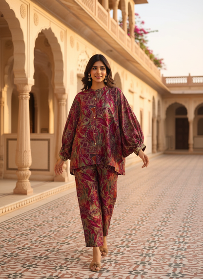 Mehzabin Red Modal Chanderi Co-Ord Set with Zari Embroidered Sequin Cuffs and Statement Bell Sleeves