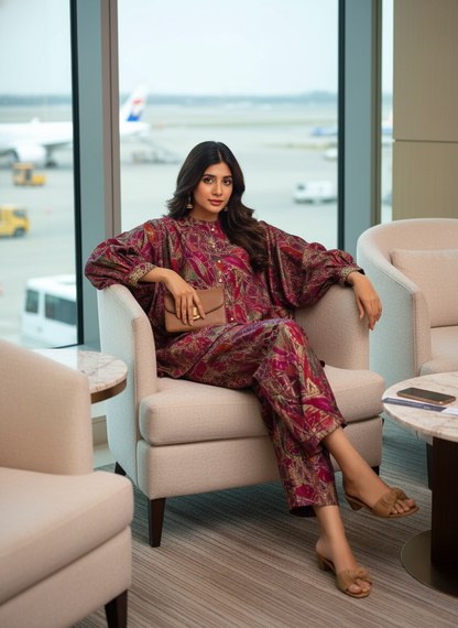 Mehzabin Red Modal Chanderi Co-Ord Set with Zari Embroidered Sequin Cuffs and Statement Bell Sleeves