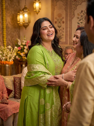 Nafisa Green Hand-Embellished Sequin & Glass Bugle Bead Work Suit Set with Jacquard Dupatta in Pure Muslin with Soft Cotton Mul Lining