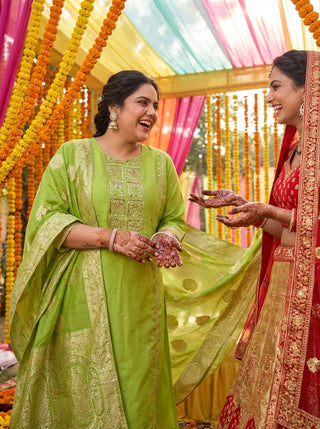 Nafisa Green Hand-Embellished Sequin & Glass Bugle Bead Work Suit Set with Jacquard Dupatta in Pure Muslin with Soft Cotton Mul Lining