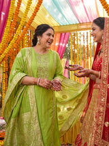 Nafisa Green Hand-Embellished Sequin & Glass Bugle Bead Work Suit Set with Jacquard Dupatta in Pure Muslin with Soft Cotton Mul Lining