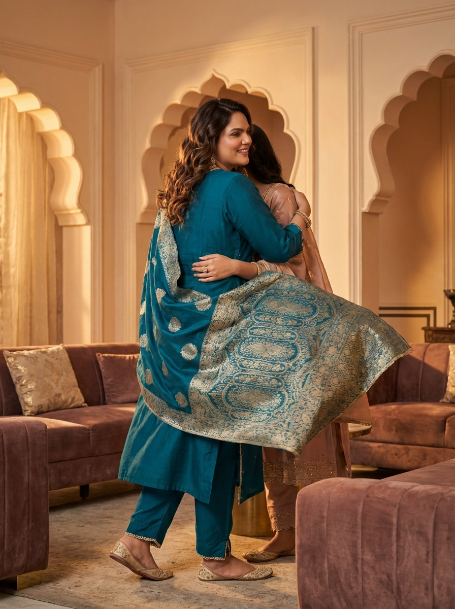 Nafisa Teal Hand-Embellished Sequin & Glass Bugle Bead Work Suit Set with Jacquard Dupatta in Pure Muslin with Soft Cotton Mul Lining