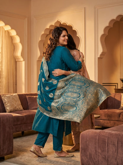 Nafisa Teal Hand-Embellished Sequin & Glass Bugle Bead Work Suit Set with Jacquard Dupatta in Pure Muslin with Soft Cotton Mul Lining