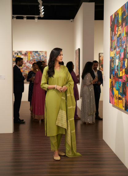 Nakshatra Green Hand Zari & Sequin Embroidered Neck Kurta Set with Sleeve Detailing in Chanderi Silk with Cotton Mul Lining and Sequin-Embellished Dupatta