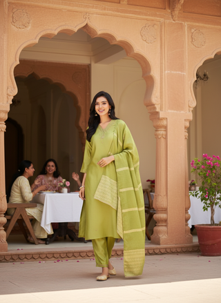 Nakshatra Green Hand Zari & Sequin Embroidered Neck Kurta Set with Sleeve Detailing in Chanderi Silk with Cotton Mul Lining and Sequin-Embellished Dupatta