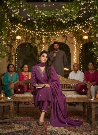 Nakshatra Purple Hand Zari & Sequin Embroidered Neck Kurta Set with Sleeve Detailing in Chanderi Silk with Cotton Mul Lining and Sequin-Embellished Dupatta