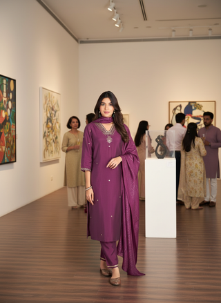 Nakshatra Purple Hand Zari & Sequin Embroidered Neck Kurta Set with Sleeve Detailing in Chanderi Silk with Cotton Mul Lining and Sequin-Embellished Dupatta