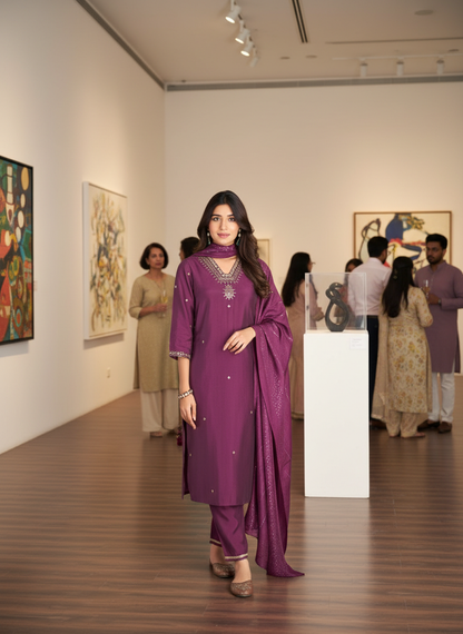 Nakshatra Purple Hand Zari & Sequin Embroidered Neck Kurta Set with Sleeve Detailing in Chanderi Silk with Cotton Mul Lining and Sequin-Embellished Dupatta