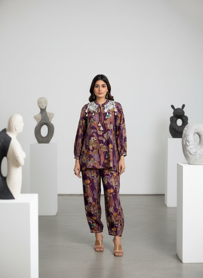 Nilisha Purple Floral Modal Chanderi Co-Ord Set with Hand Resham Embroidery and Cowrie Pearl Tassels