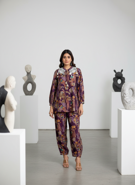 Nilisha Purple Floral Modal Chanderi Co-Ord Set with Hand Resham Embroidery and Cowrie Pearl Tassels