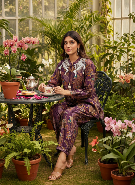 Nilisha Purple Floral Modal Chanderi Co-Ord Set with Hand Resham Embroidery and Cowrie Pearl Tassels