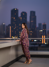 Nilisha Purple Floral Modal Chanderi Co-Ord Set with Hand Resham Embroidery and Cowrie Pearl Tassels