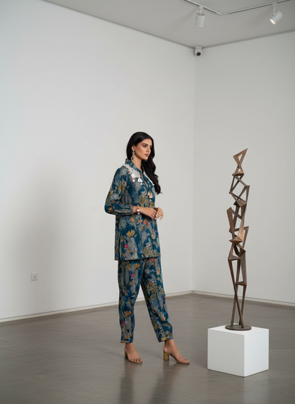 Nilisha Teal Floral Modal Chanderi Co-Ord Set with Hand Resham Embroidery and Cowrie Pearl Tassels