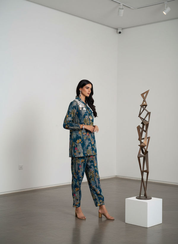 Nilisha Teal Floral Modal Chanderi Co-Ord Set with Hand Resham Embroidery and Cowrie Pearl Tassels