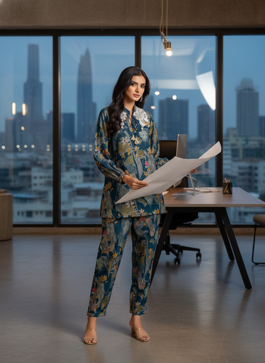 Nilisha Teal Floral Modal Chanderi Co-Ord Set with Hand Resham Embroidery and Cowrie Pearl Tassels