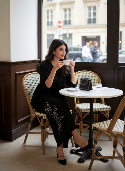 Nira Black Viscose Jacquard Co-Ord Set with Lace Detailing & Hand Bead Embellished Pants